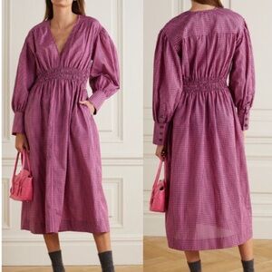 NWT Ganni Carmine Rose Shirred Gingham Seersucker midi dress v-neck $325 Sz 42